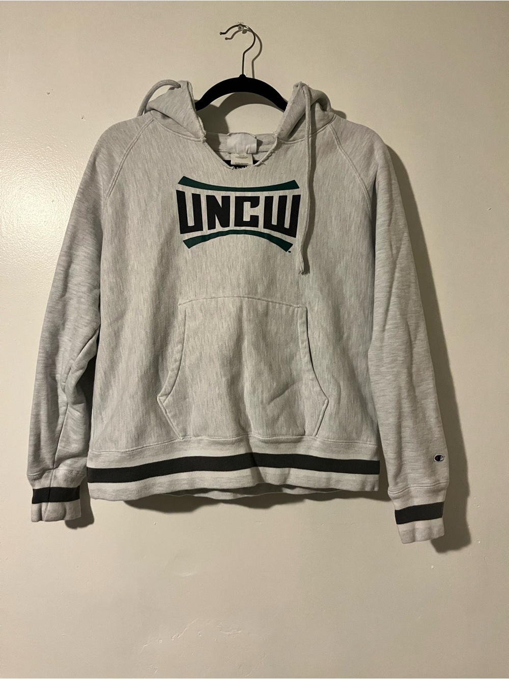 Champion Reverse Weave Light Gray UNCW Hoodie with Dark Green and Black Accents